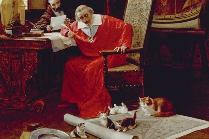 Cuadro del Cardenal Richelieu rodeado de sus gatos, pintado por Delort